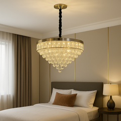 Candelabru LED rotund cu cristal in dormitor matrimonial, Ø500 mm, 112W, lumina calda-rece reglabila, cu telecomanda