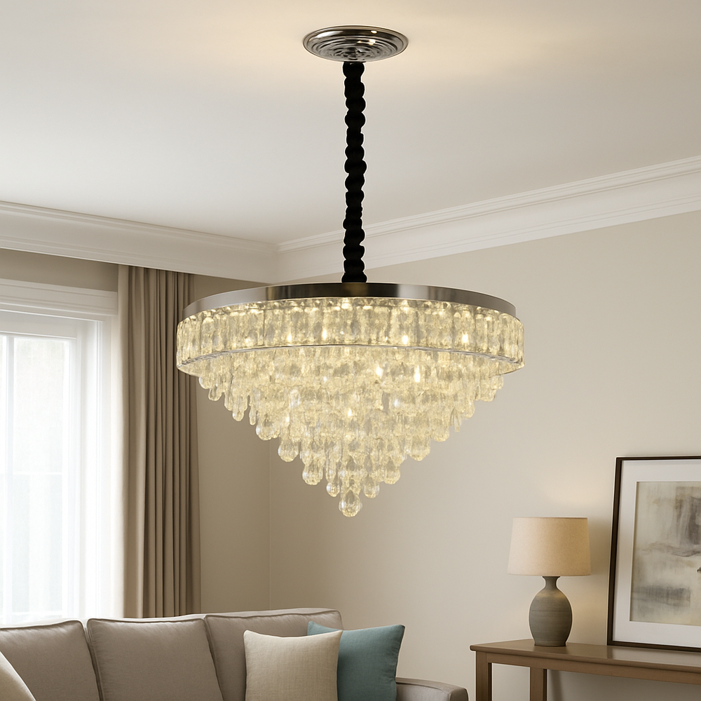 Candelabru LED rotund cu cristal in living spatios elegant, Ø500 mm, 112W, lumina reglabila 3500–6500K, cu telecomanda