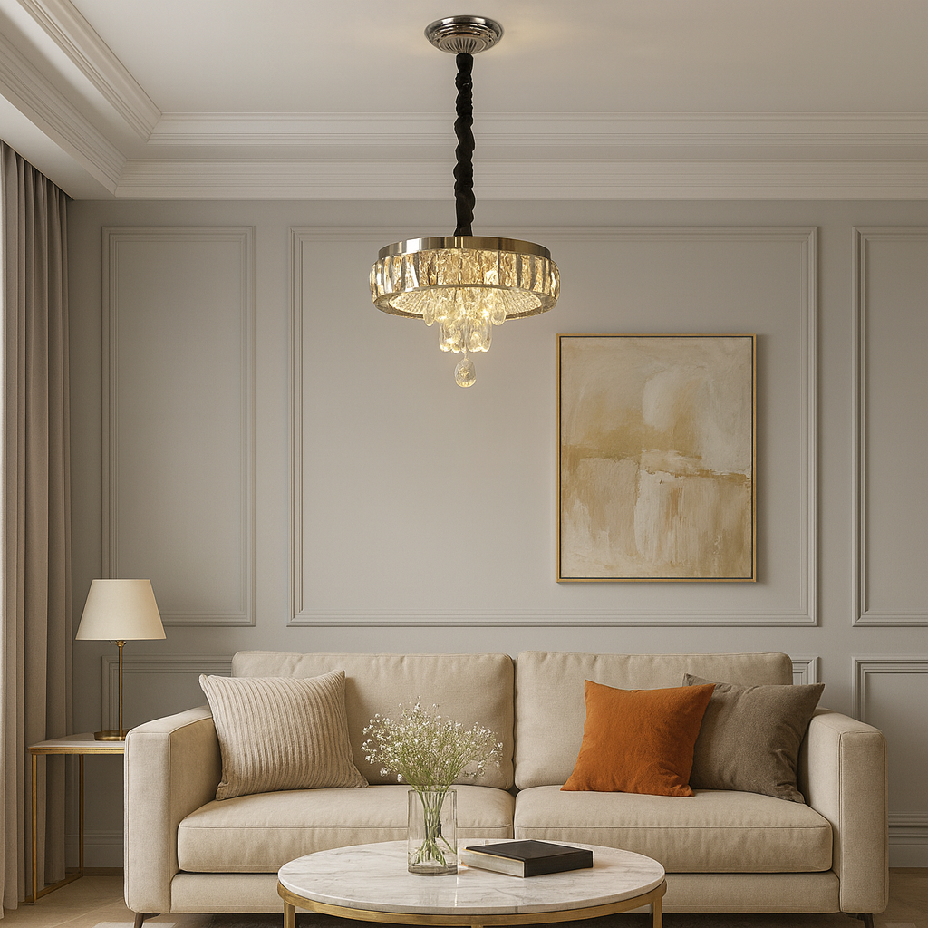 Candelabru LED rotund cu cristal in living elegant, Ø300 mm, 52W, lumina reglabila 3500–6500K, cu telecomanda