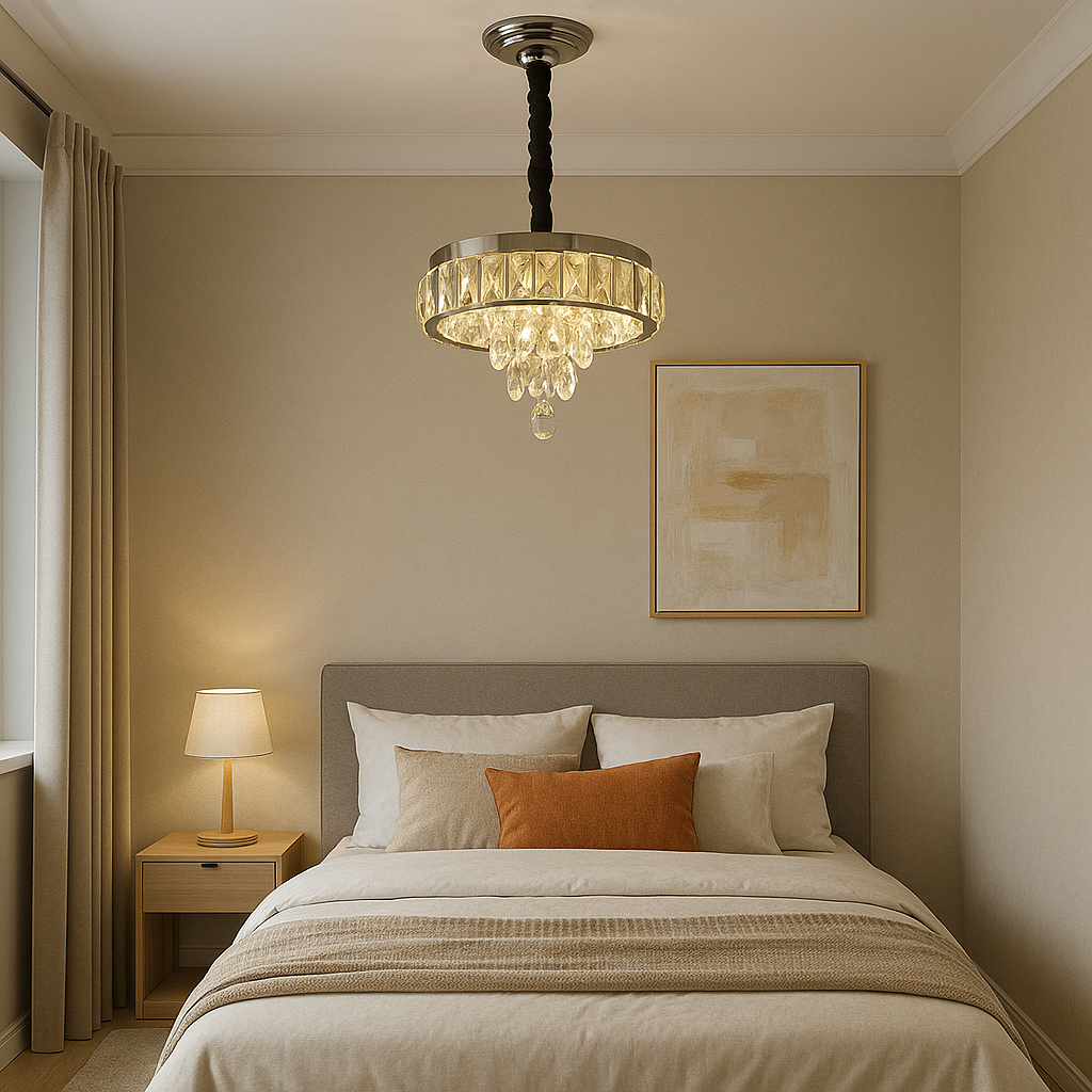 Candelabru LED rotund cu cristal in dormitor modern, Ø300 mm, 52W, lumina calda-rece reglabila, cu telecomanda