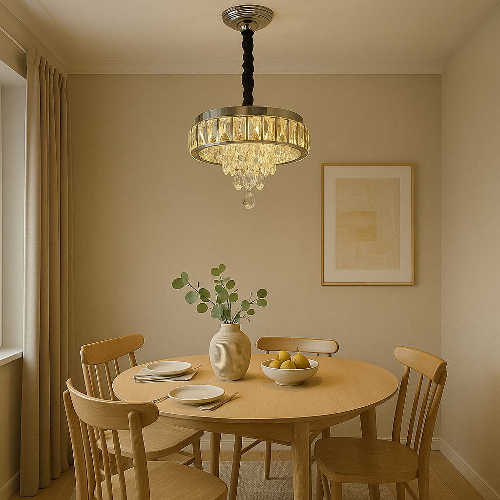 Candelabru LED rotund cu cristal deasupra mesei in dining elegant, Ø300 mm, 52W, lumina reglabila 3500–6500K