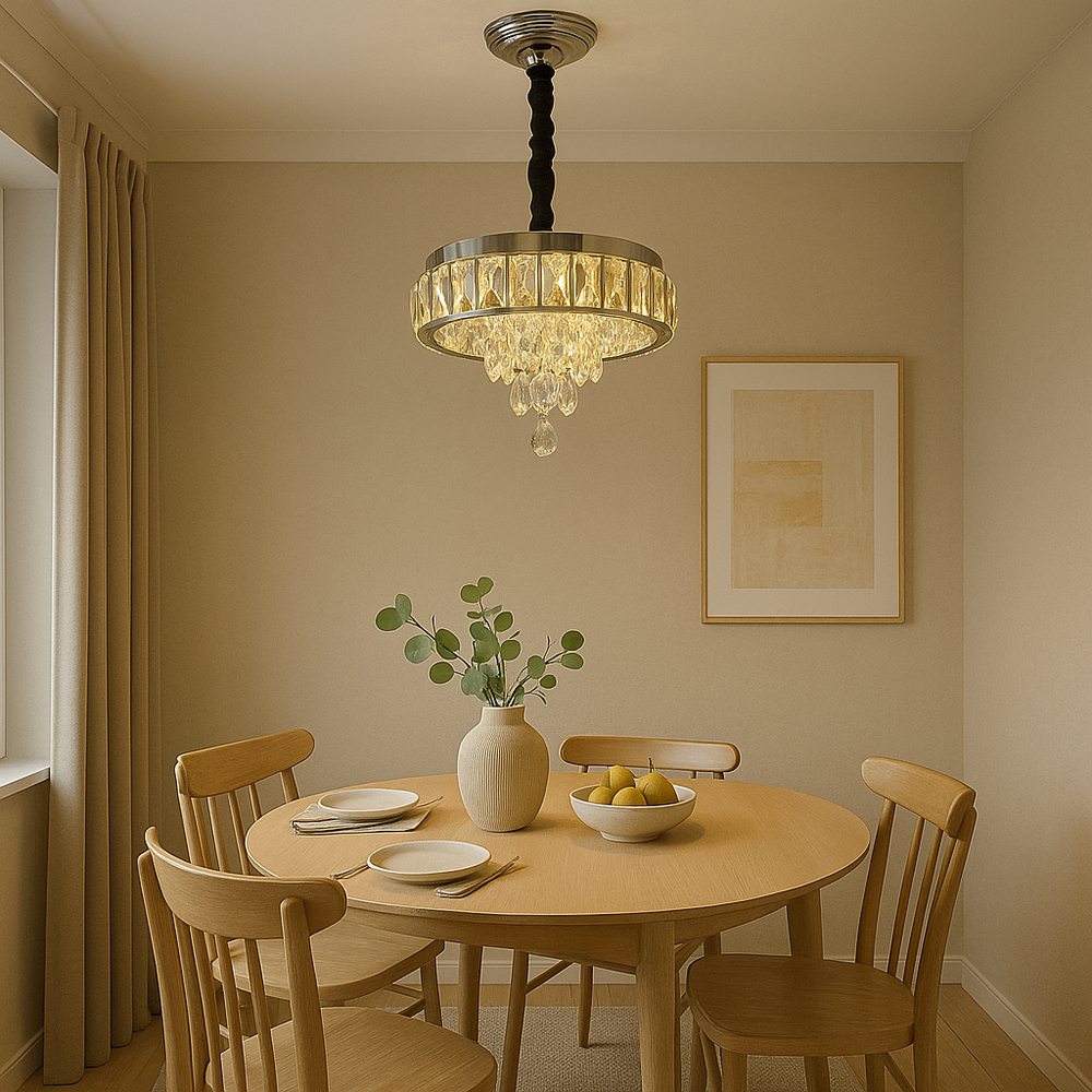 Candelabru LED rotund cu cristal deasupra mesei in dining elegant, Ø300 mm, 52W, lumina reglabila 3500–6500K