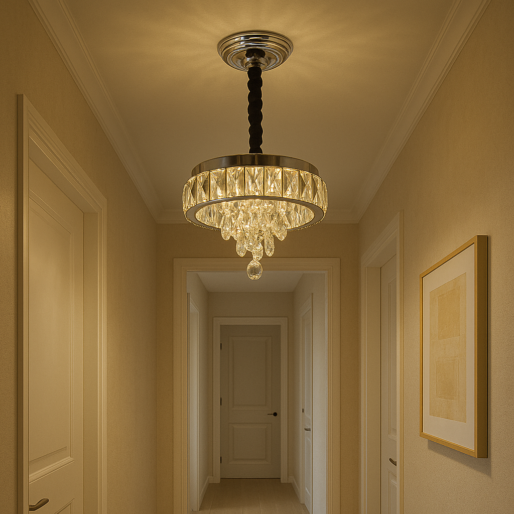 Candelabru LED rotund cu cristal pe hol elegant, Ø300 mm, 52W, lumina reglabila 3500–6500K, cu telecomanda