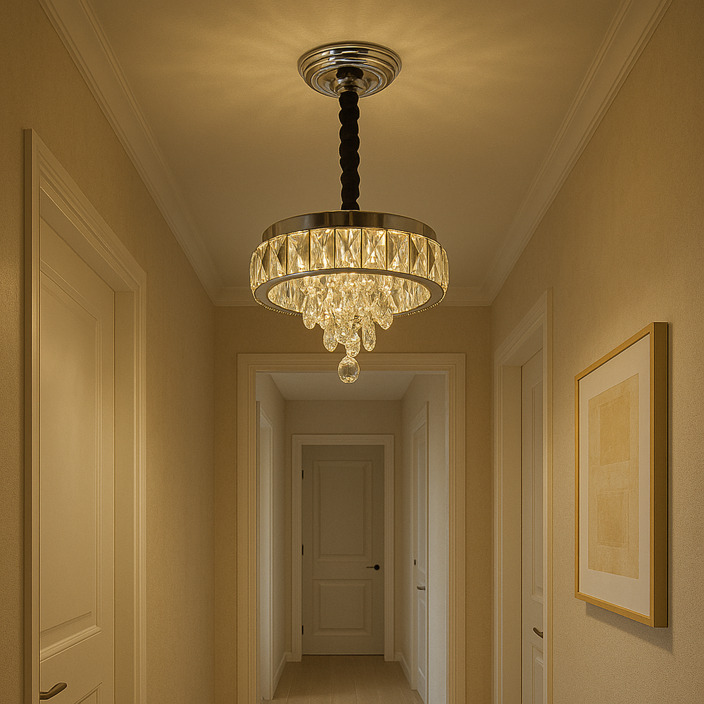 Candelabru LED rotund cu cristal pe hol elegant, Ø300 mm, 52W, lumina reglabila 3500–6500K, cu telecomanda