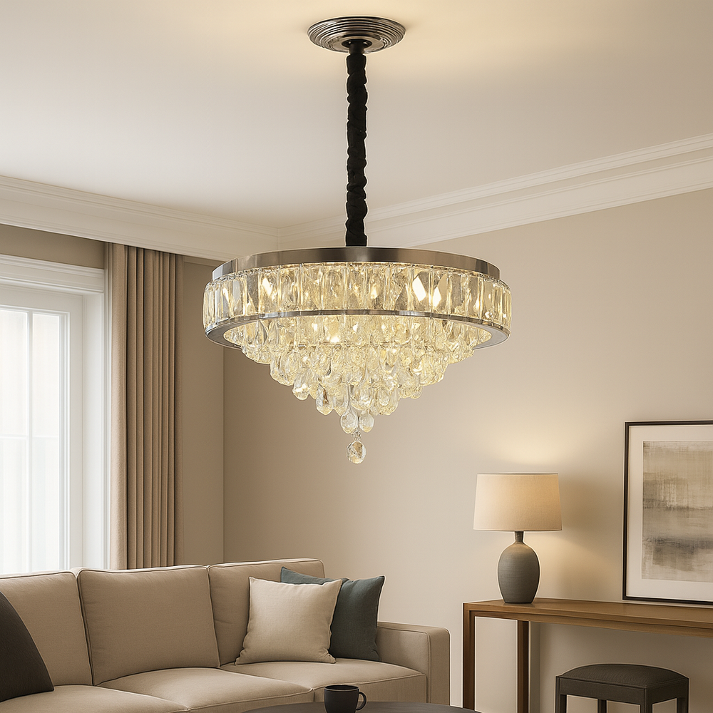 Candelabru LED rotund cu cristal in living modern elegant, Ø400 mm, 80W, lumina reglabila 3500–6500K, cu telecomanda
