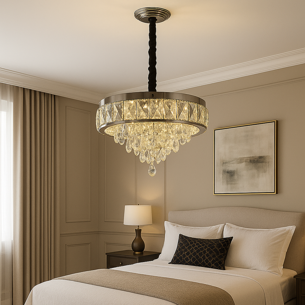 Candelabru LED rotund cu cristal in dormitor matrimonial, Ø400 mm, 80W, lumina calda-rece reglabila, cu telecomanda