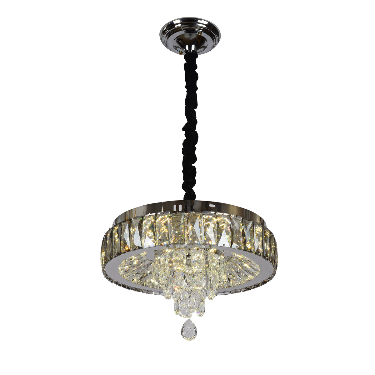 Candelabru LED rotund cu cristal in living elegant, Ø300 mm, 52W, lumina reglabila 3500–6500K, cu telecomanda