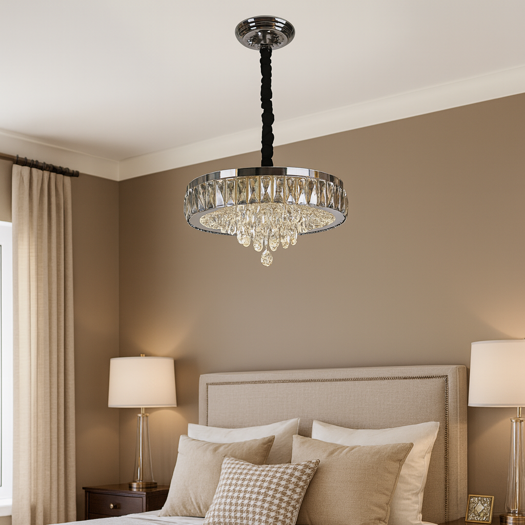 Candelabru LED rotund cu cristal in dormitor matrimonial spatios, Ø500 mm, 112W, lumina calda-rece reglabila, cu telecomanda