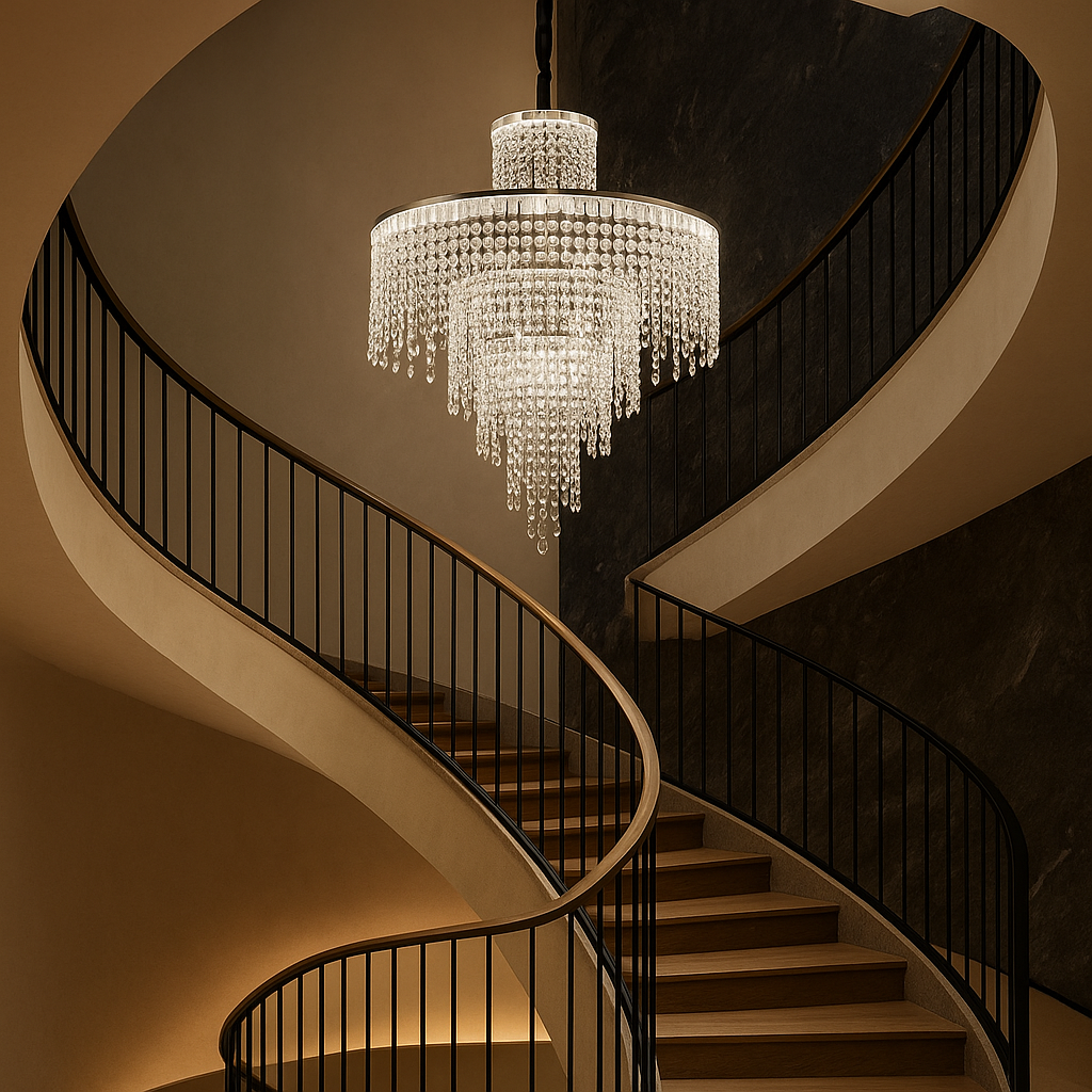 Lustra LED rotunda 104W cu lumina ajustabila 3000K-6500K si telecomanda, montata in zona de scari pentru iluminare moderna si un efect decorativ opulent