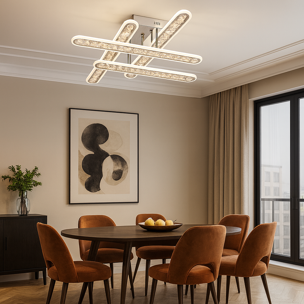 Lustra LED geometrica 200W cu efecte RGB si lumina reglabila 3500K-6500K, perfecta pentru un dining modern cu iluminare eleganta si versatila