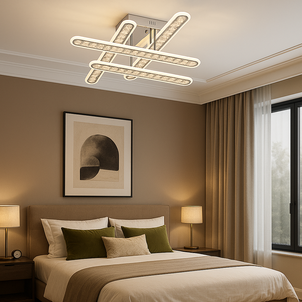 Lustra LED geometrica 200W cu RGB si lumina ajustabila 3500K-6500K cu telecomanda, ideala pentru dormitoare moderne cu atmosfera relaxanta sau creativa