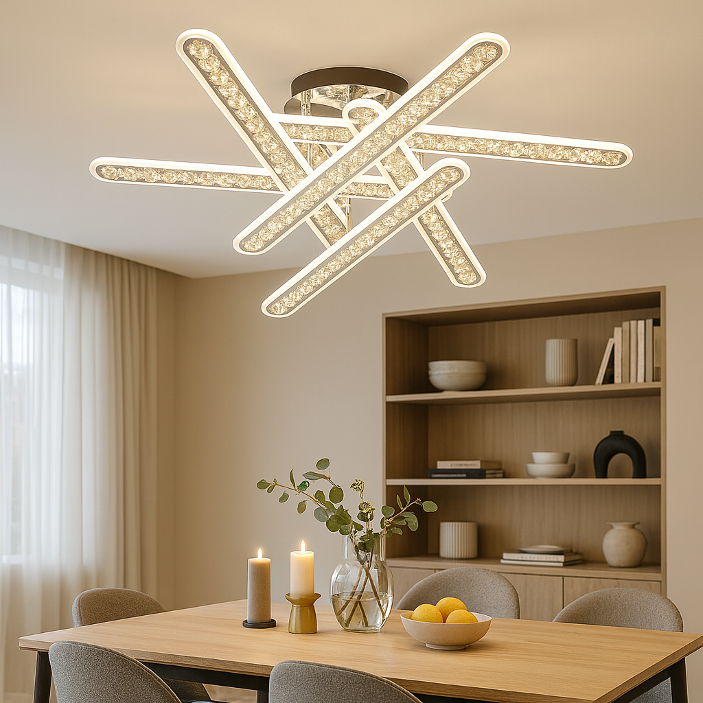 Lustra LED geometrica 300W cu efecte RGB si lumina reglabila 3500K-6500K, perfecta pentru un dining modern cu iluminare eleganta si atmosfera versatila