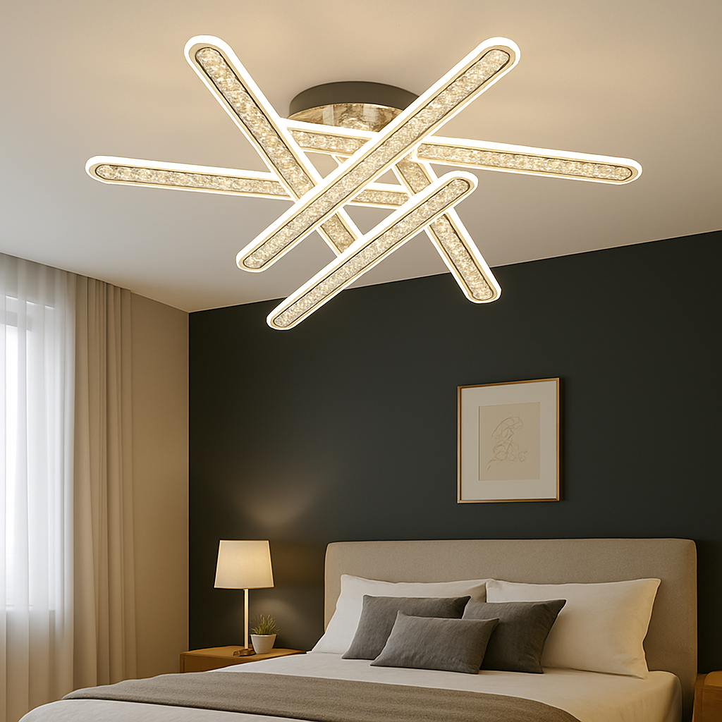 Lustra LED geometrica 300W cu RGB si lumina ajustabila 3500K-6500K cu telecomanda, ideala pentru dormitoare moderne cu iluminare creativa si confortabila