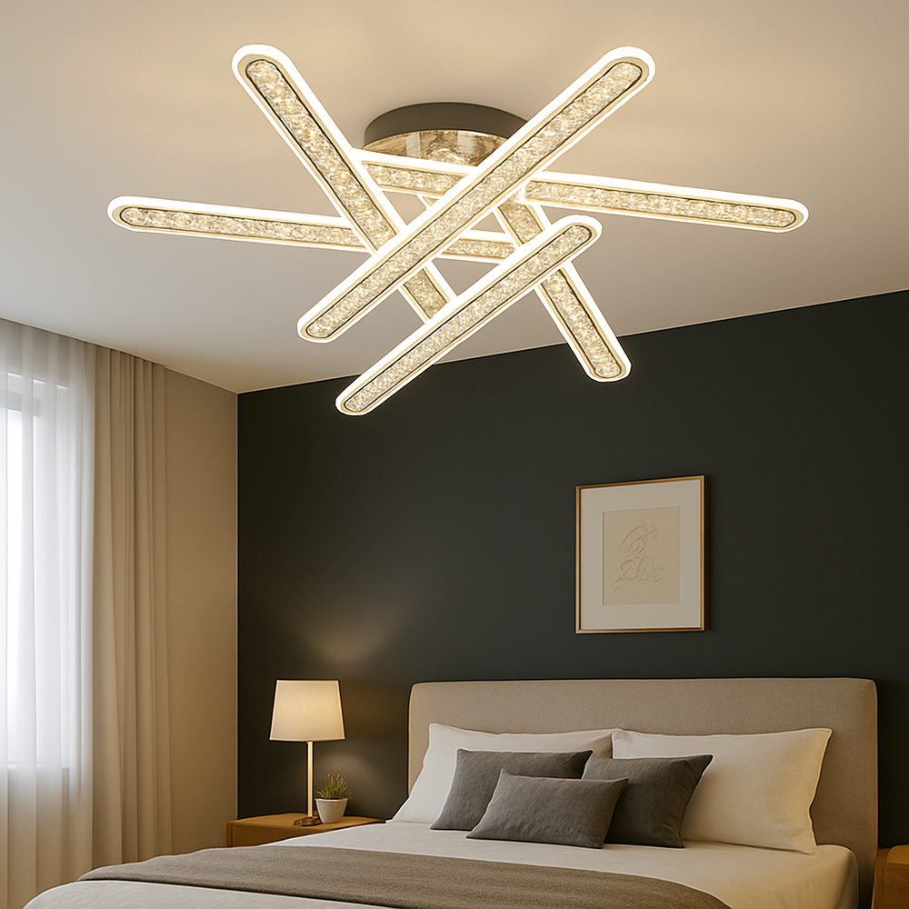 Lustra LED geometrica 300W cu RGB si lumina ajustabila 3500K-6500K cu telecomanda, ideala pentru dormitoare moderne cu iluminare creativa si confortabila