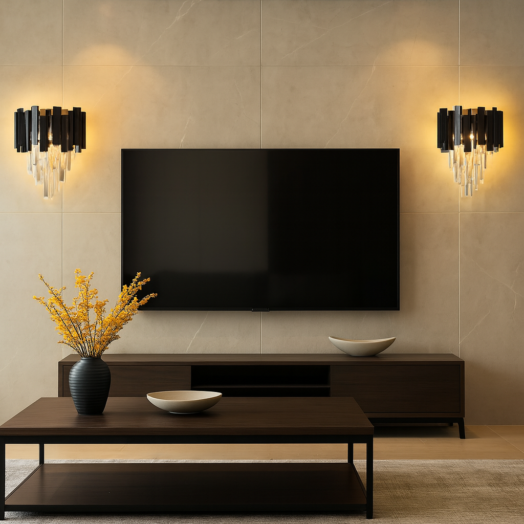 Aplica 3211/2BK neagra cu cristale si design vertical, 2 E27, ideala pentru dormitor modern cu iluminare calda eleganta.