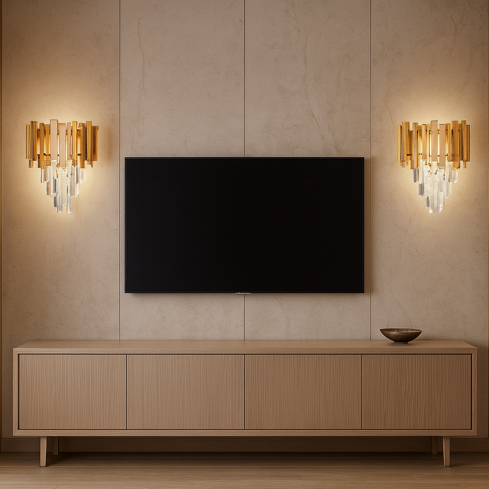 Aplica 3211/2FG negru auriu cu cristale si design vertical, 2 E27, ideala pentru dormitor modern cu iluminare calda eleganta.