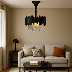 Candelabru rotund negru cu cristale, iluminare ambientala eleganta in living modern, design rafinat cu 5 becuri E27