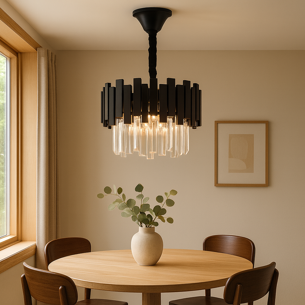 Candelabru rotund negru cu cristale deasupra mesei de dining, lumina calda decorativa, stil modern si industrial