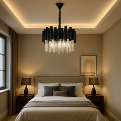 Candelabru rotund negru cu cristale, 5 surse E27, lumina ambientala rafinata pentru dormitor modern.