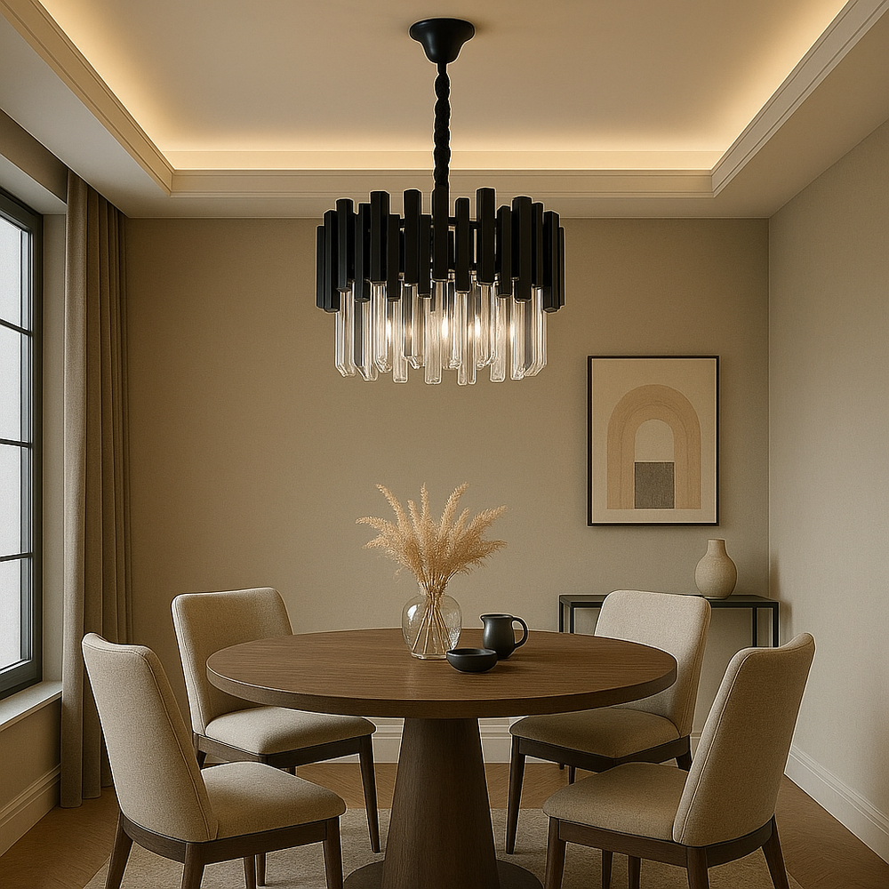 Candelabru rotund negru cu cristale, 5 becuri E27, iluminare decorativa pentru masa din dining elegant.