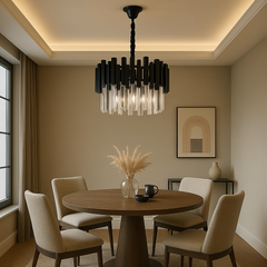 Candelabru rotund negru cu cristale, 5 becuri E27, iluminare decorativa pentru masa din dining elegant.