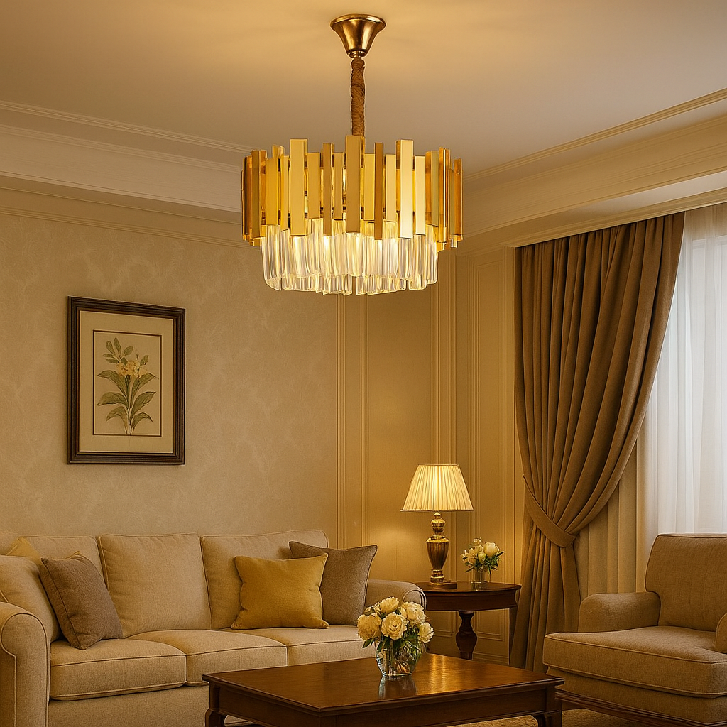 Candelabru auriu mat rotund cu cristale, 3 becuri E27, iluminare calda eleganta pentru living modern, montaj pe tavan.