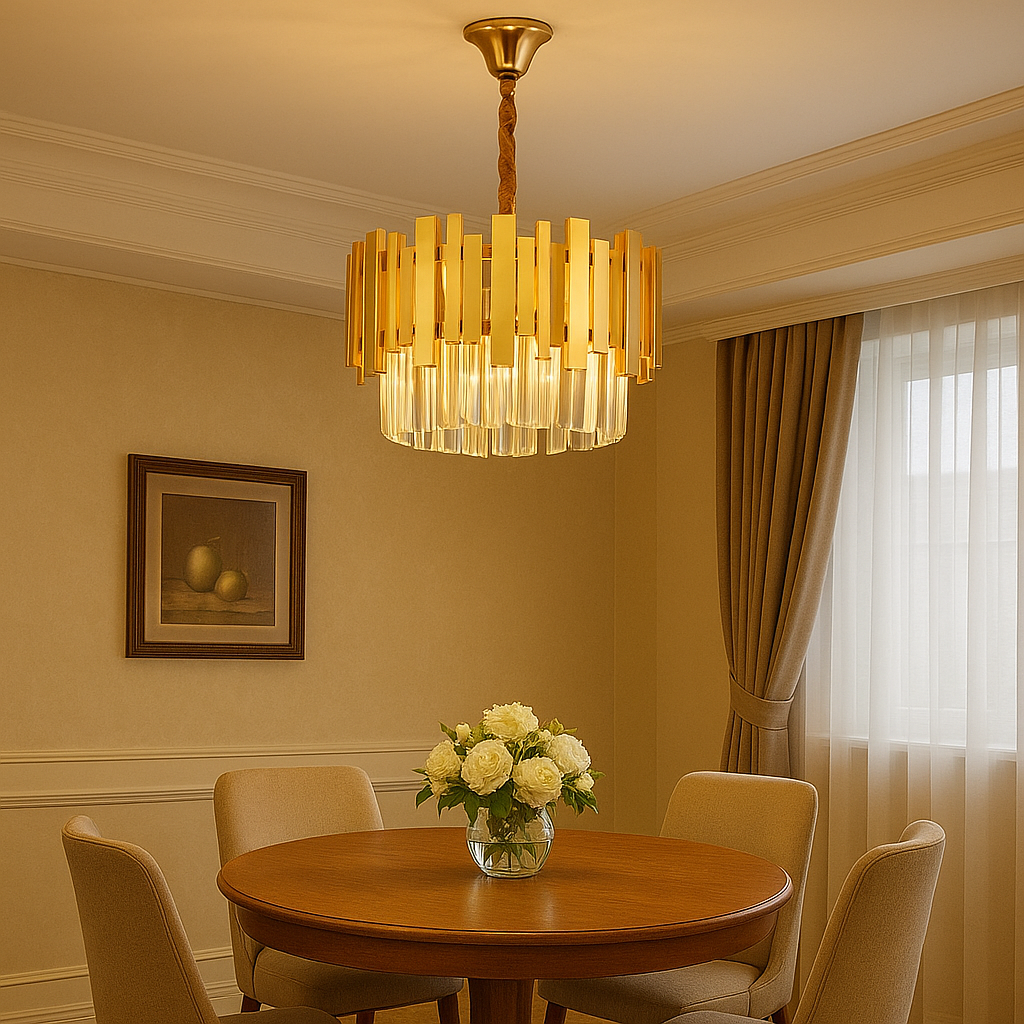 Candelabru auriu mat rotund cu cristale, 3 becuri E27, iluminare decorativa perfecta pentru masa din dining.