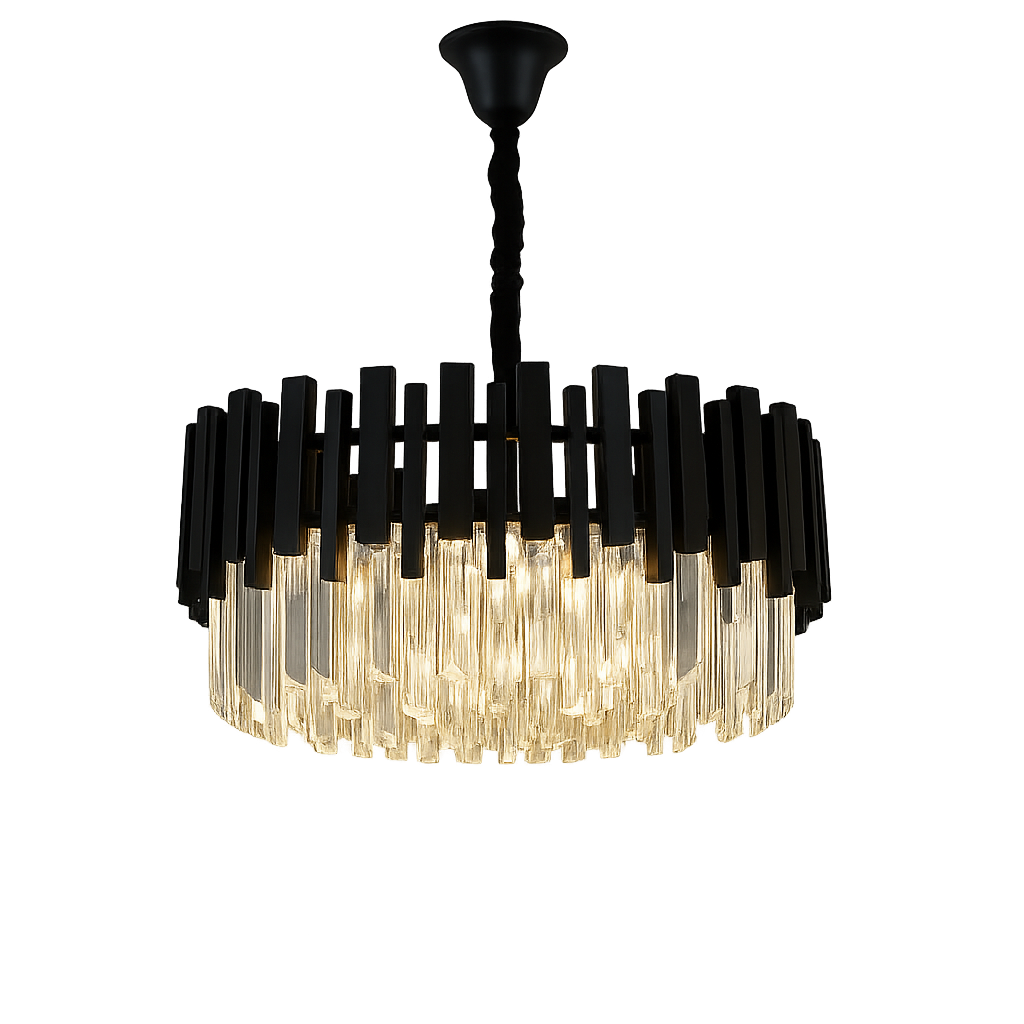 Candelabru rotund negru Ø50 cm cu cristale, 8 becuri E27, iluminare rafinata pentru birou modern.