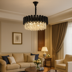 Candelabru rotund negru Ø50 cm cu cristale, 8 becuri E27, iluminare puternica si eleganta pentru living spatios.