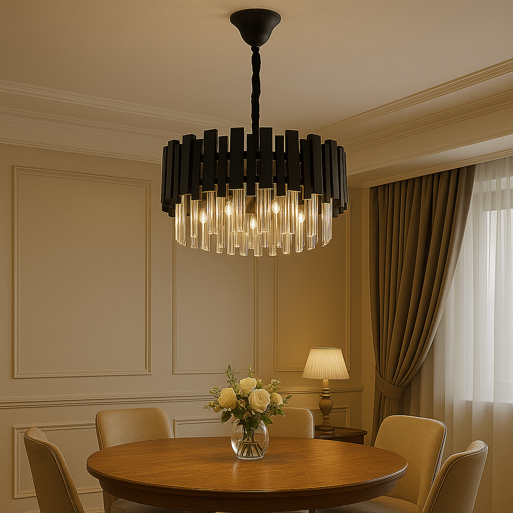 Candelabru rotund negru Ø50 cm cu cristale, 8 becuri E27, iluminare decorativa pentru masa din dining modern.