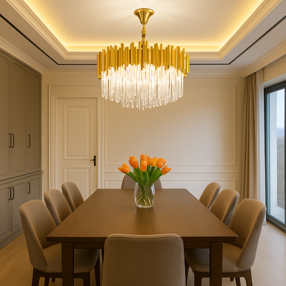 Candelabru rotund negru cu cristale Ø500 deasupra mesei dreptunghiulare din dining, 8 becuri E27, fara telecomanda