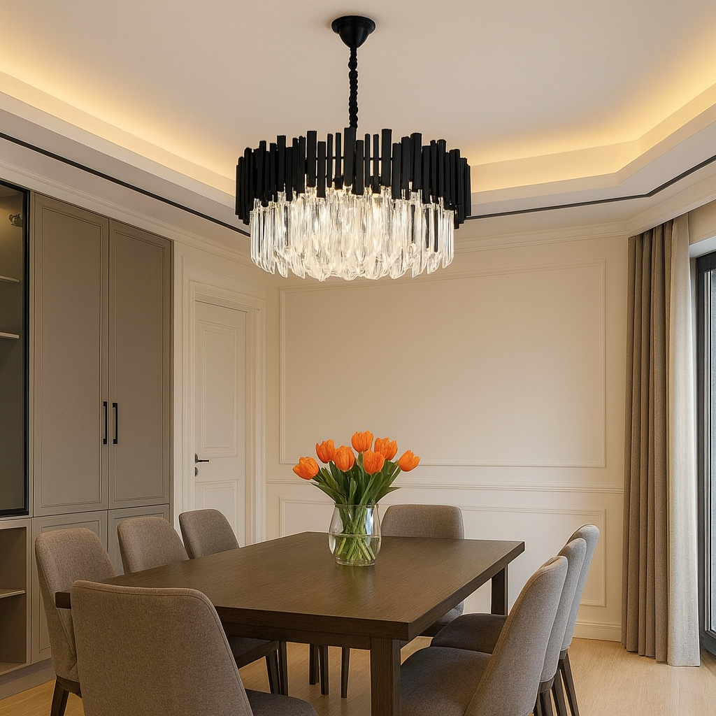 Candelabru rotund negru Ø600 cu 10 surse E27 si cristale, montat deasupra mesei dreptunghiulare in dining modern.