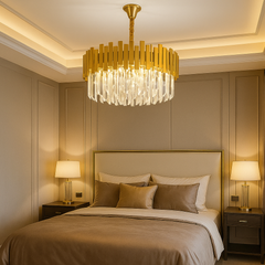 Candelabru rotund negru cu cristale Ø600 in dormitor lux, lumina calda cu 10 becuri E27 pentru atmosfera rafinata.