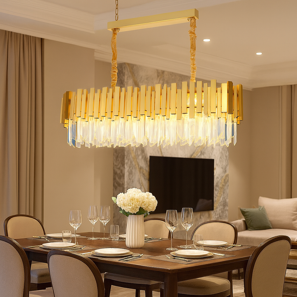 Candelabru rotund auriu mat cu cristale, 8 becuri E27, iluminare luxoasa pentru masa din dining spatios.