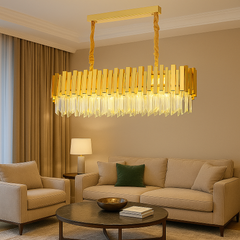 Candelabru rotund auriu mat cu cristale, 8 becuri E27, iluminare puternica pentru living spatios modern.