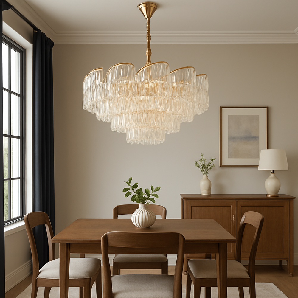 Candelabru rotund auriu Ø580 cu elemente transparente, montat deasupra mesei dreptunghiulare din dining elegant si luminos