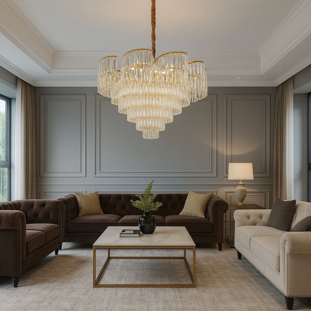 Candelabru rotund auriu Ø780 cu structura stratificata decorativa, amplasat central in living spatios elegant, iluminare ampla si uniforma