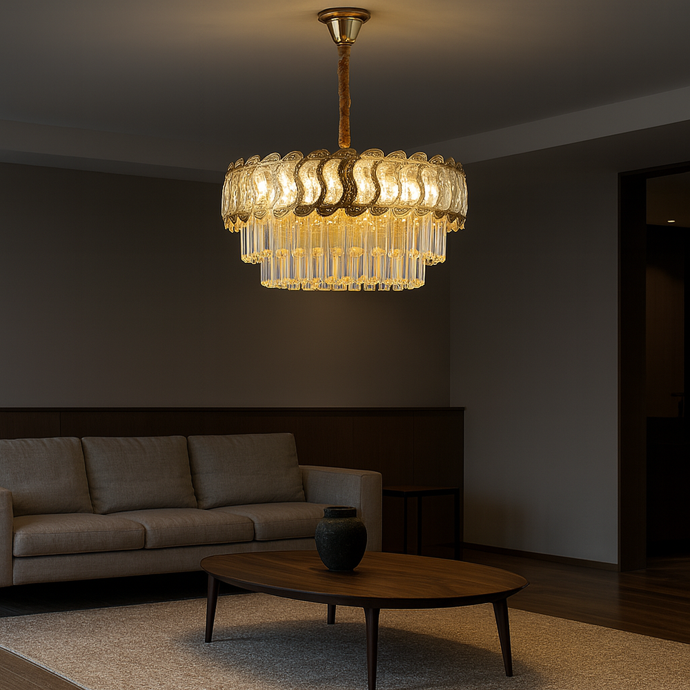 Candelabru rotund auriu Ø400 cu cristale decorative, pozitionat central in living spatios, lumina uniforma si rafinata