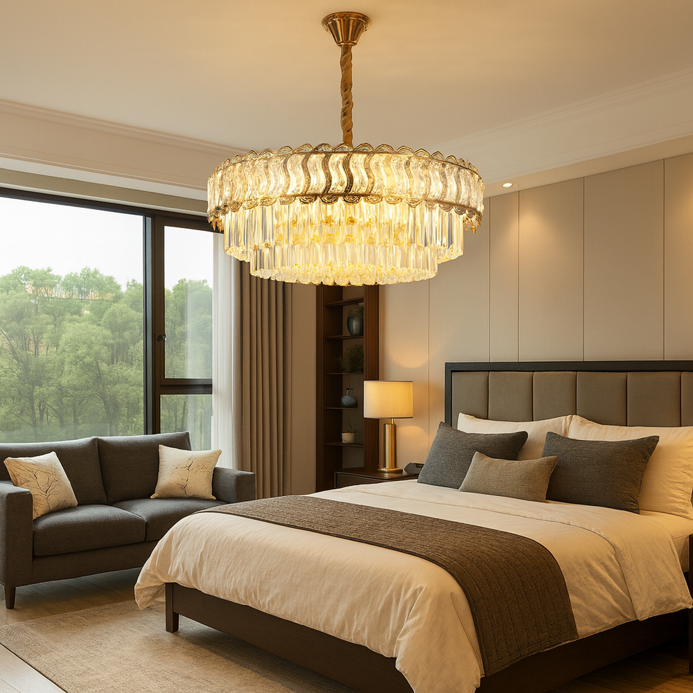 Candelabru rotund auriu Ø600 cu cristale in doua niveluri, montat in dormitor mare elegant, lumina calda si rafinata