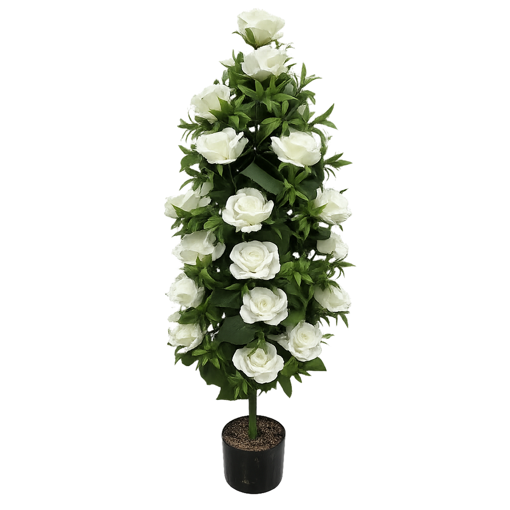 Planta artificiala decorativa cu trandafiri albi 135 cm in ghiveci negru, copac ornamental cu flori albe izolat pe fundal transparent PNG.