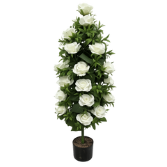 Planta artificiala decorativa cu trandafiri albi 135 cm in ghiveci negru, copac ornamental cu flori albe izolat pe fundal transparent PNG.