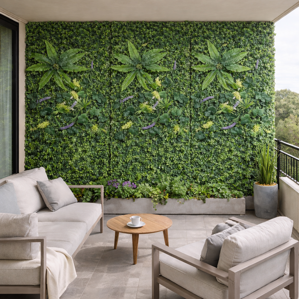 panou perete vegetal artificial cu feriga si lavanda pentru terasa decor exterior perete verde