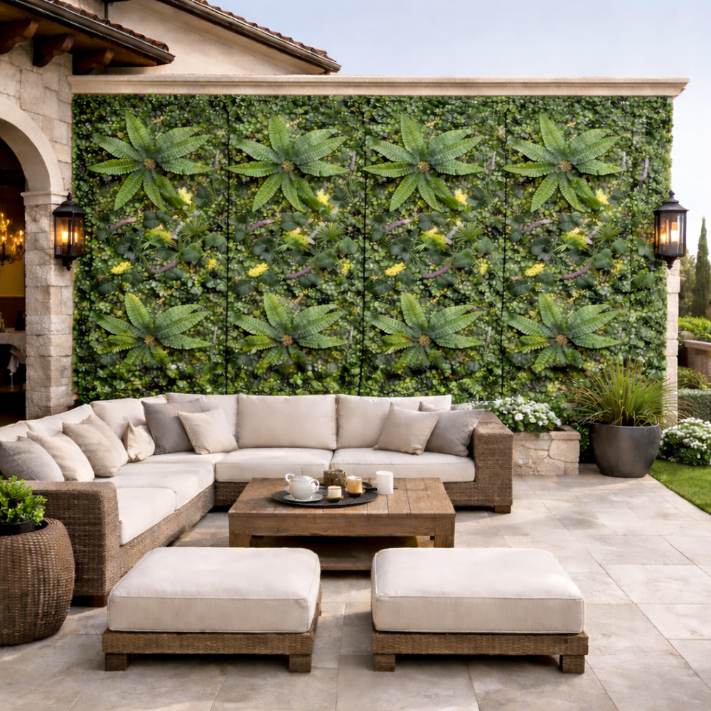 panou perete vegetal artificial cu feriga si lavanda pentru terasa decor exterior perete verde