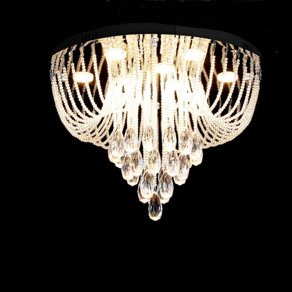 Lustra LED rotunda cu cristal, 9 surse si 45W, montaj pe tavan in dormitor modern, lumina neutra 4000K pentru confort vizual.