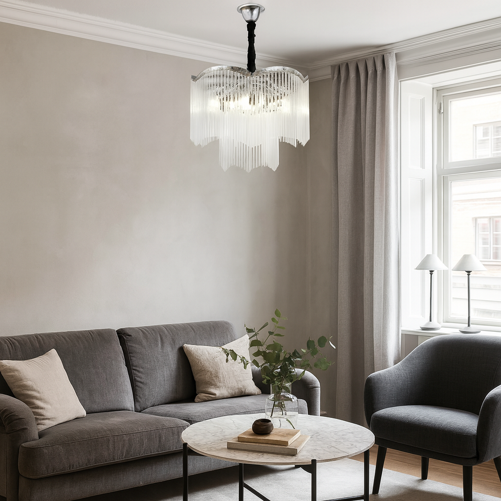 Candelabru rotund crom Ø400 mm cu 6 becuri E14, iluminare eleganta pentru living modern luminos