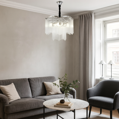 Candelabru rotund crom Ø400 mm cu 6 becuri E14, iluminare eleganta pentru living modern luminos