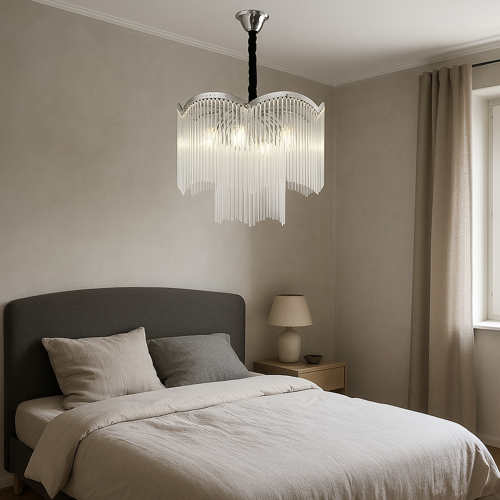 Candelabru rotund crom Ø400 mm cu 6 becuri E14, lumina uniforma pentru dormitor elegant