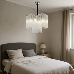 Candelabru rotund crom Ø400 mm cu 6 becuri E14, lumina uniforma pentru dormitor elegant