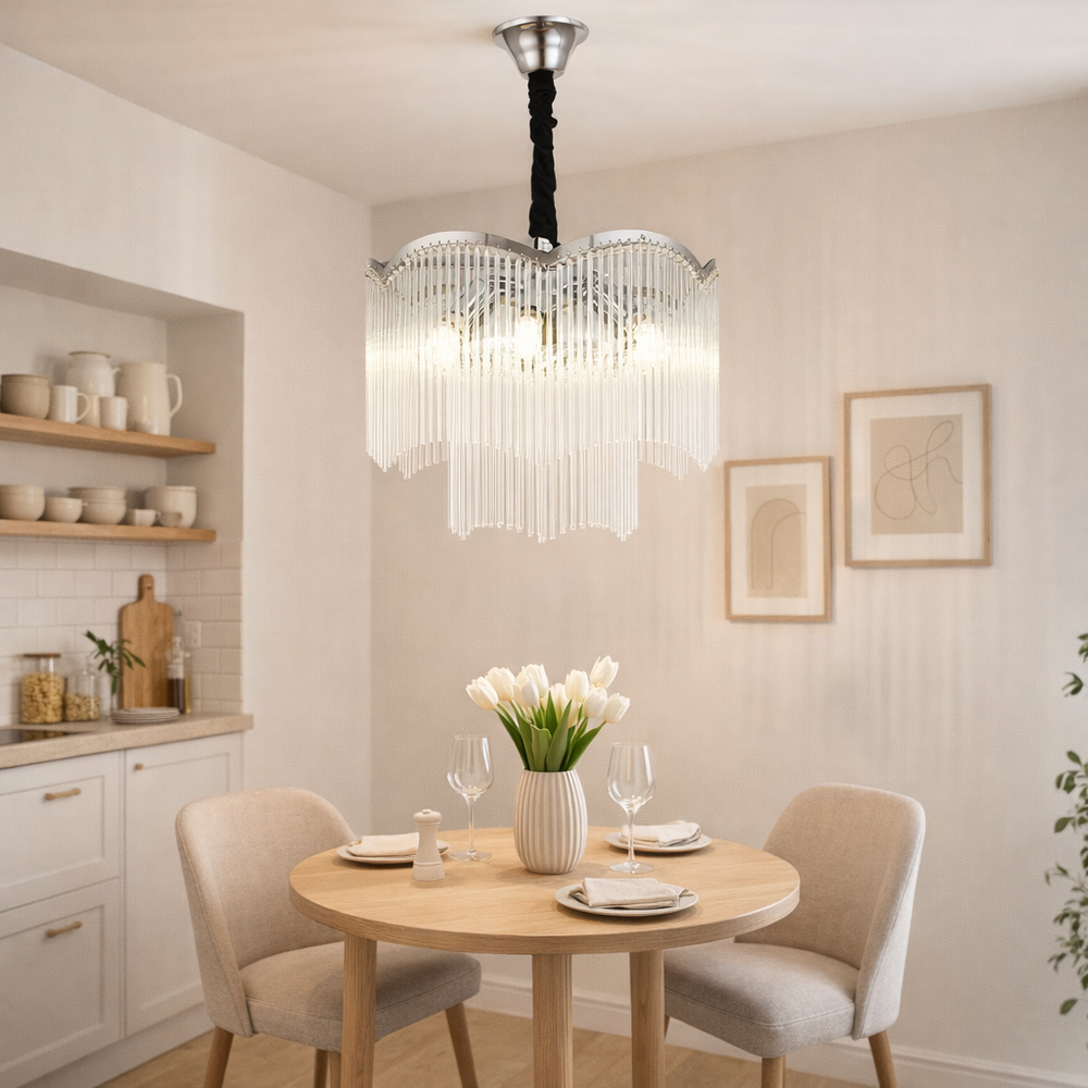 Candelabru rotund crom Ø400 mm cu 6 becuri E14, iluminare rafinata pentru masa dining