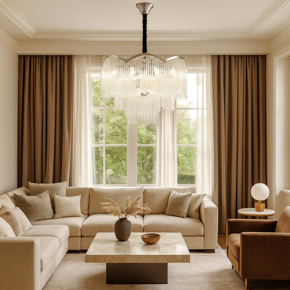 Candelabru rotund crom Ø600 mm cu 10 becuri E14, iluminare ampla si eleganta pentru living spatios modern